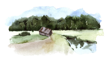 Rural landscape. Background image. Watercolor illustration.の写真素材