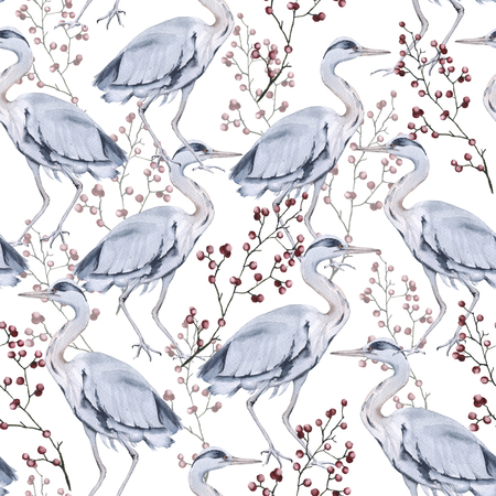 Background with gray heron. Seamless pattern. Watercolor illustration.の写真素材
