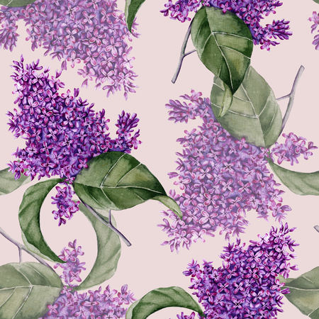 Background with spring flowers of lilac. Seamless pattern. Watercolor illustrationの写真素材