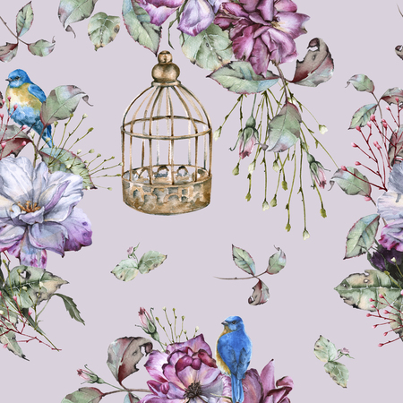 Background with roses and blue birds. Seamless pattern. Watercolor illustrationの写真素材