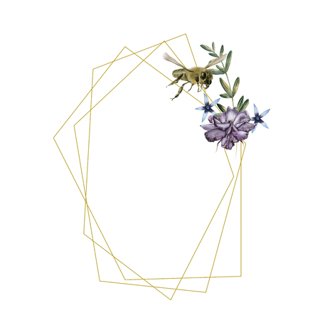 Composition of roses with wild flowers and bees. Isolated on white background. Watercolor illustrationの写真素材