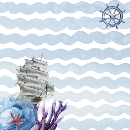 sea ship. Isolated on white background. watercolor illustrationの写真素材