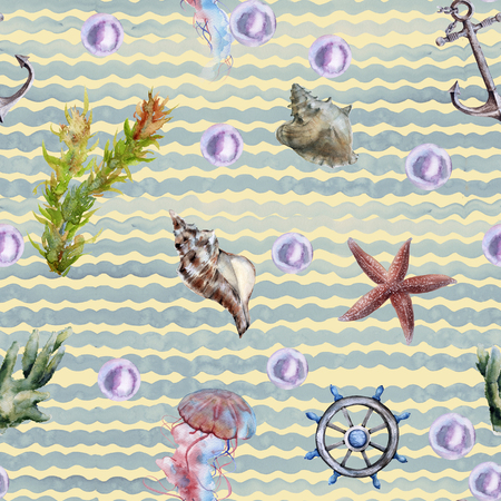 background with marine details. seamless pattern. watercolor illustrationの写真素材