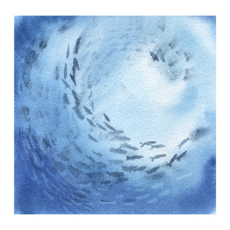 Abstract ocean background with fishes. Watercolor illustrationの写真素材