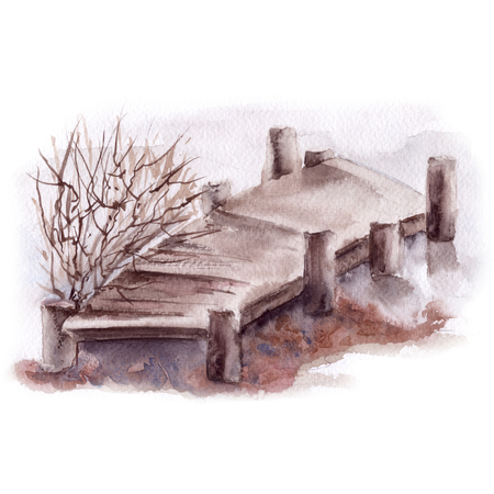 Destroyed bridge on the lake. Watercolor illustration.の写真素材