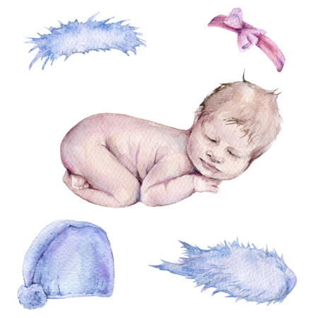A set of items for a sleeping baby. Isolated on white background. Watercolor illustrationの写真素材