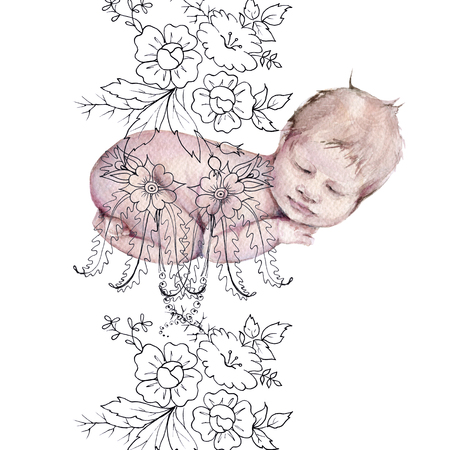 Sleeping baby with floral ornament. Isolated on white background. Watercolor illustrationの写真素材