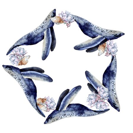 Frame with sea whale. Isolated on a white background. Watercolor illustrationの写真素材
