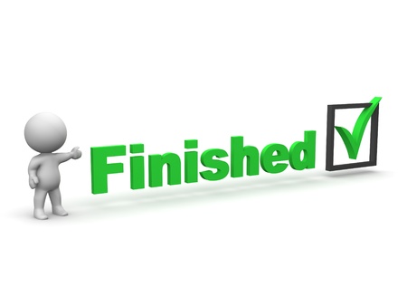 3D Man showing Finished text and check markの写真素材