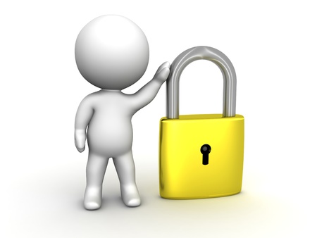 3D Man leaning on PadLock Security conceptの写真素材