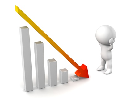 3D Man Stressed about Profit Loss - A chart with a red arrow going down indicating financial losses,...