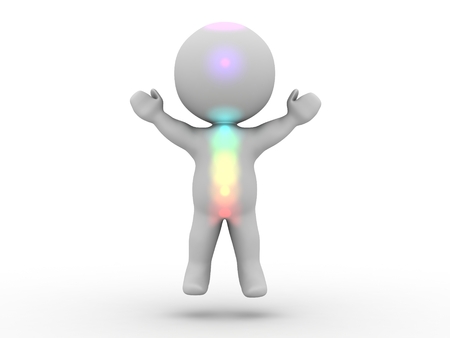 A 3D man levitating, and with visible luminous Chakra points on his body