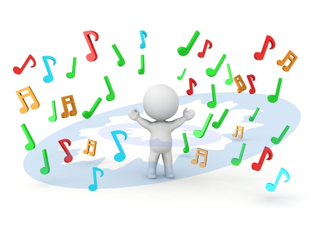 A 3D man with an explosion of musical notes around himの写真素材