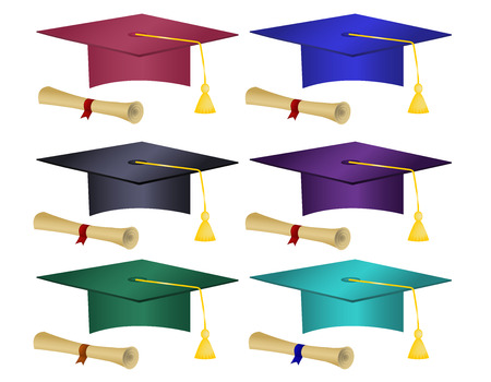 Multiple colored graduation hats   diplomas Vectorのイラスト素材