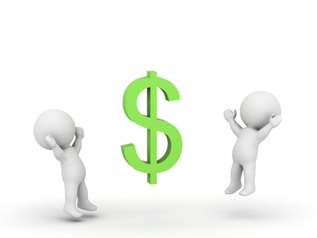 Two 3D characters jumping up and a large green dollar symbol