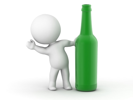 3D character waving from behind a green bottleの写真素材