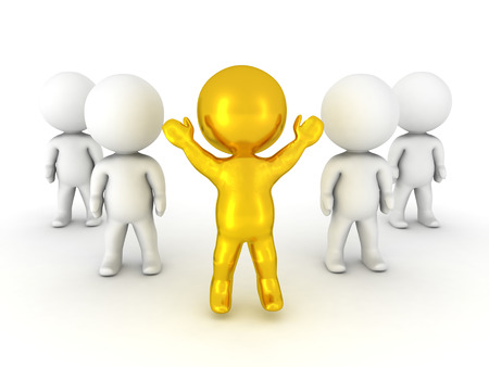 Golden 3D character jumps up and stands out from grey characters