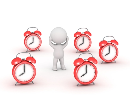 3D Character Stressed by Many Alarm Clocks