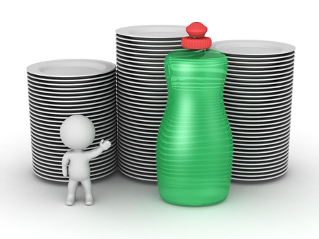 A 3D character showing a bottle of dish soap and stacks of clean plates. Isolated on white background.の写真素材