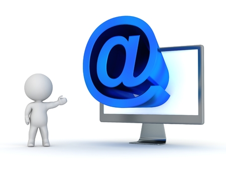 3D Character Showing Computer Monitor with 3D At Symbolの写真素材