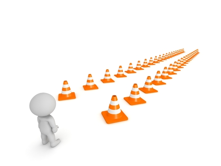 3D Character and Path marked by Orange Conesの写真素材