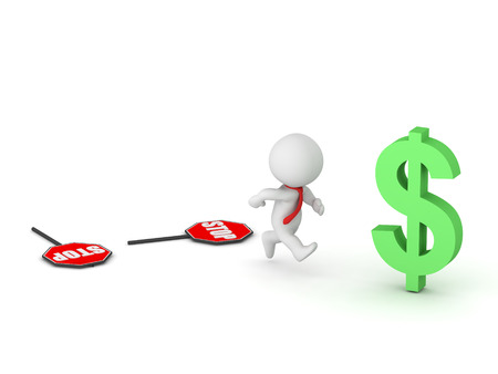 3D character running toward a dollar symbol, with two fallen stop signs behind him. Isolated on white background.の写真素材