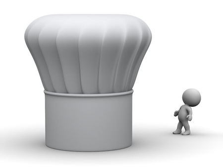 3D character looking up at a very large chef hat. Isolated on white background.の写真素材