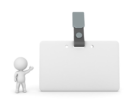 A small 3D character showing a large name badge. Isolated on white background.の写真素材