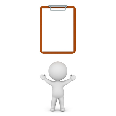 3D character with arms raised and a large blank clipboard above his head. Isolated on white background.の写真素材
