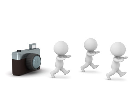 3D characters running away from a photo camera. Isolated on white background.の写真素材