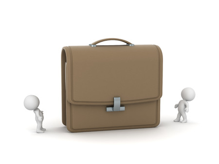 Two small 3D characters looking up at a large briefcase. Isolated on white background.の写真素材