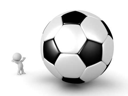 Small 3D character looking up at a large football. Isolated on white background.の写真素材