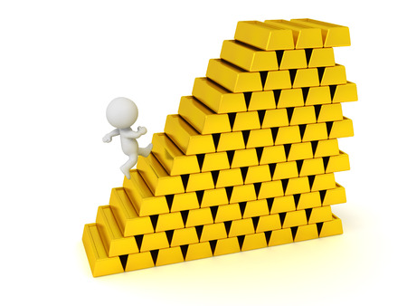 3D character running up stairs made of large gold bars. Isolated on white background.