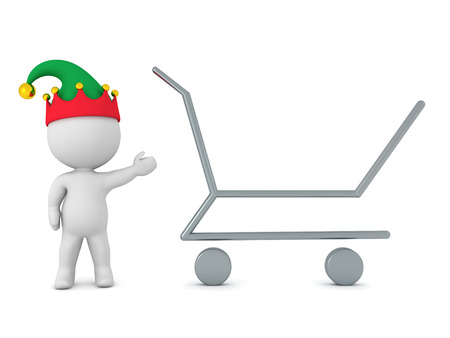 A 3D character with an elf hat showing an empty shopping cart. Isolated on white background.の写真素材