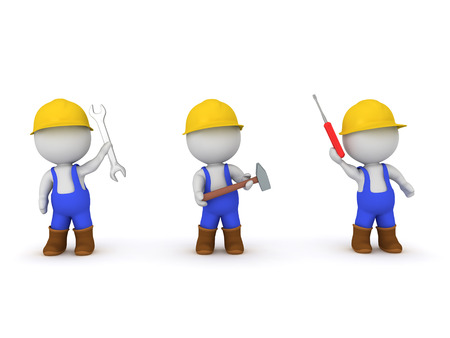Three 3D characters dressed as workers. Each holding a different tool. One holds a sledgehammer, another a screwdriver and the last a wrench.の写真素材