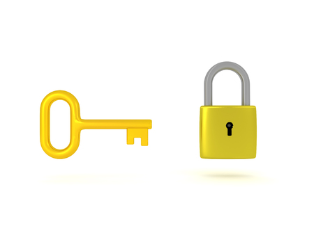 3D Illustation of a key and a padlock. Both of them are shiny and golden.の写真素材