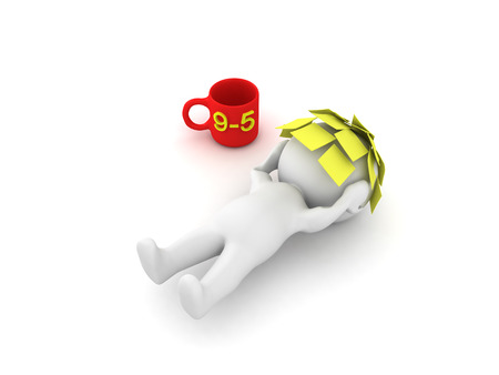 3D Character lying on the floor exhausted with sticky notes on his face wih a nine to five coffee mug.の写真素材