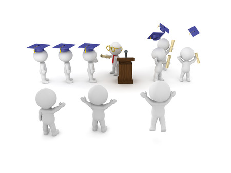 3D illustration of graduation ceremony with student receiving diploma from teacher  and people cheering them.の写真素材