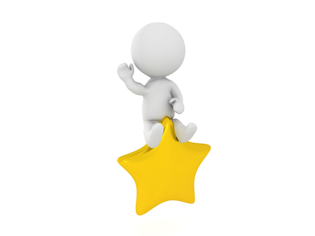 3D Character flying on top of shiny gold star. The character is waving.の写真素材