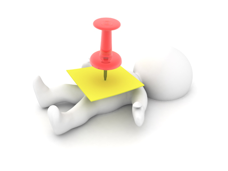 3D Character with yellow post it sticky note pinned on him. Image conveying how an important task is overwhelming sometimes.の写真素材