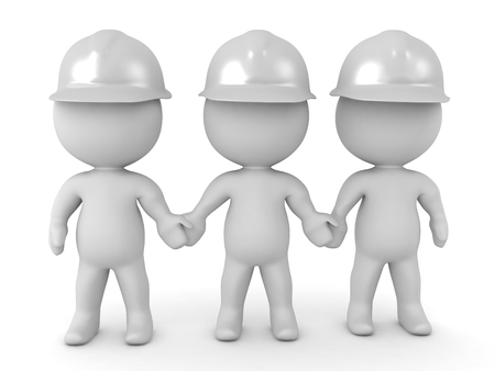 3D Illustration of three white helmets rescue workers holding hands. Image conveys unity.の写真素材