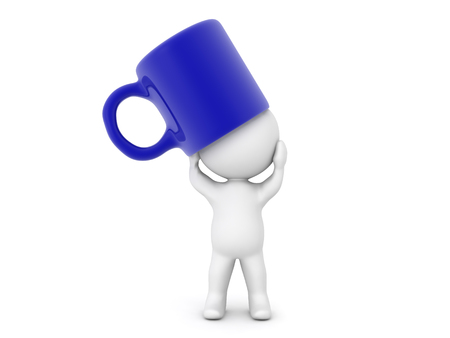 3D Character distressed with giant coffee cup on his head. The cup is blue.の写真素材