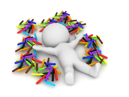 3D Character sitting in a pile of small pencils. Image could convey creativity or exhaustion.の写真素材