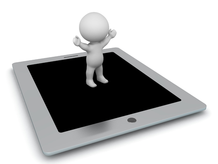 3D Character standing on giant tablet. He is holding his arms raised.の写真素材