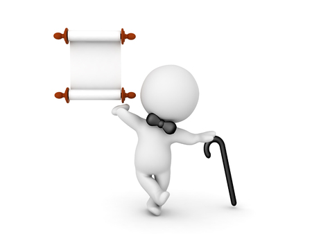 3D Character with black bow tie, leaning on a cane and holding a scroll. Image depicting presenting an announcement.の写真素材