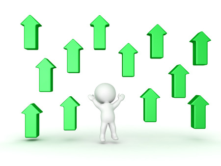 3D Character jumping and being surrounded by green up arrows. Isolated on white.の写真素材