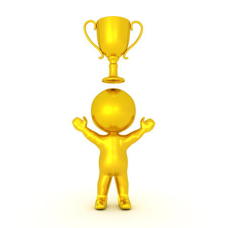 Golden 3D Character with gold trophy above him. Isolated on white.の写真素材
