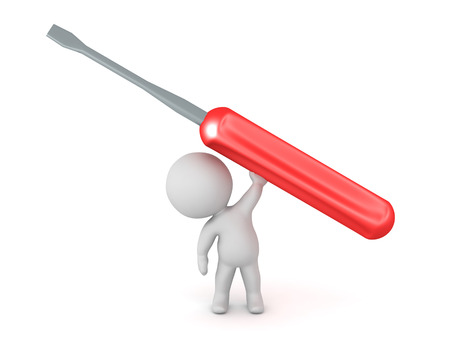3D character holding up a large red screw driver. Isolated on white background.の写真素材