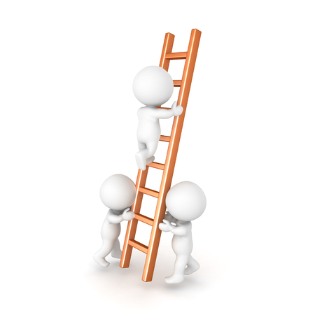 Two 3D Characters holding a ladder in order for one to climb. Isolated on white.の写真素材