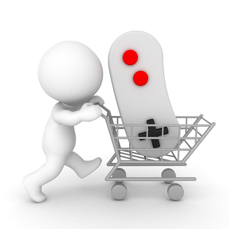 3D Character pushing shopping cart holding video game controller. Isolated on white.の写真素材
